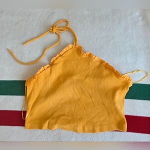 Zara Yellow Mustard Ruffled Trimmed Halter Crop Top S Lg NEW